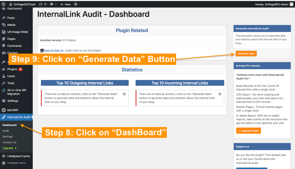 How to find generat data button in InternalLink Audit WordPress plugin